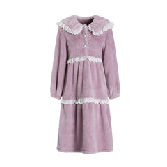 Lizakosht Lace Up Bathrobe Women's Thick Warm Winter Velvet Doll Collar Lace Splice Pleated Outwardly Wearable Nightdress Female Home Suit