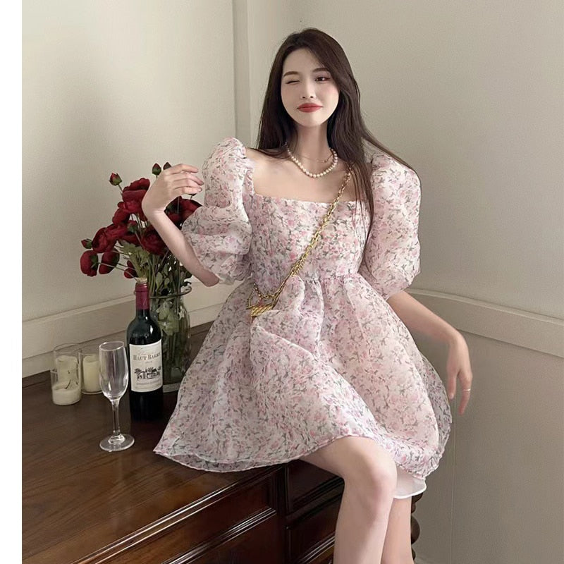 Lizakosht Summer Women Dress Both-Sides Wear Floral Print Chiffon Organza Dress Sexy Square Neck Puff Sleeve Party Prom Skirt Short Sweet