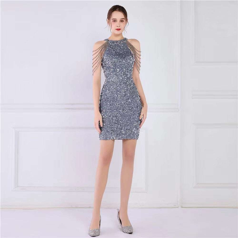 Elegant Chain Sequin Slim Dress Summer Women Fashion Hollow Out Off Shoulder Skinny Club Dresses Ladies Sleeveless Party Dress