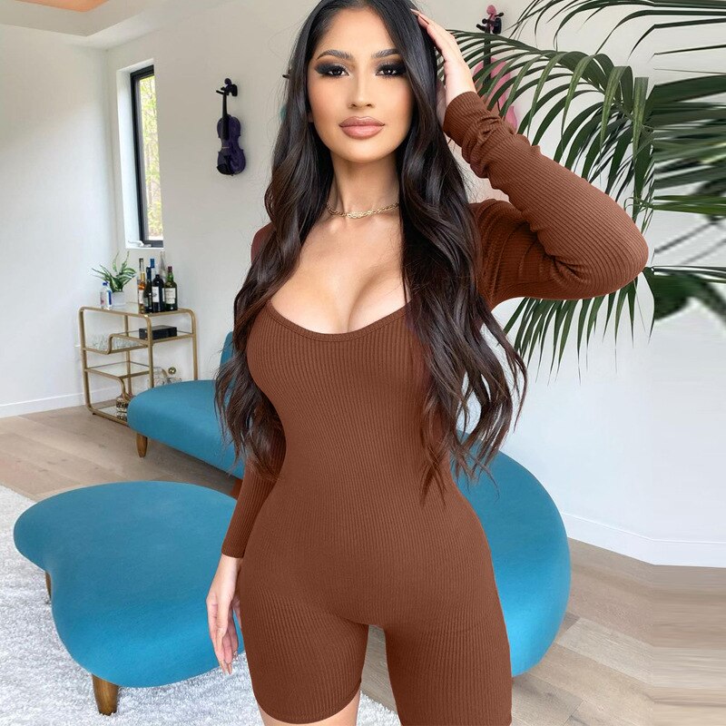 Lizakosht Fall Spring Basic Solid Ribbed Long Sleeve Playsuit Women Slim-fit Hip-lifting Sports Romper Casual Skinny One Piece 2023 New