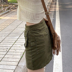 Lizakosht 90s Green Retro Cargo Skirt Women Solid Vintage Y2k Pocket Patchwork Casual Korean High Waist A-line Denim Mini Skirt Streetwear