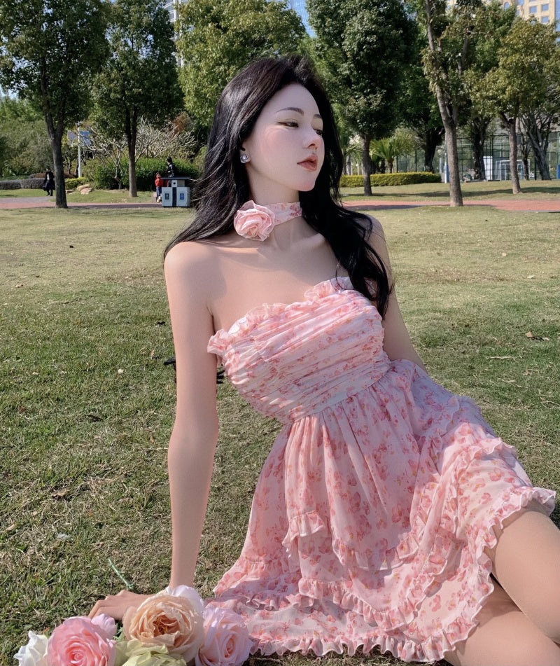 Casual Strapless Sexy Summer Dresses For Women 2022 Korean Floral Print Chiffon Beach Holiday Mini Dress Elegant Party Dress