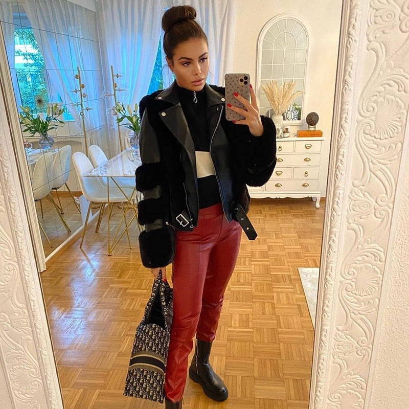 Lizakosht Patchwork Sheepskin Coat Women Winter Warm Thick Luxurious Faux Leather Fur Coat Long Sleeve Women's Jacket Motorcycle Coat