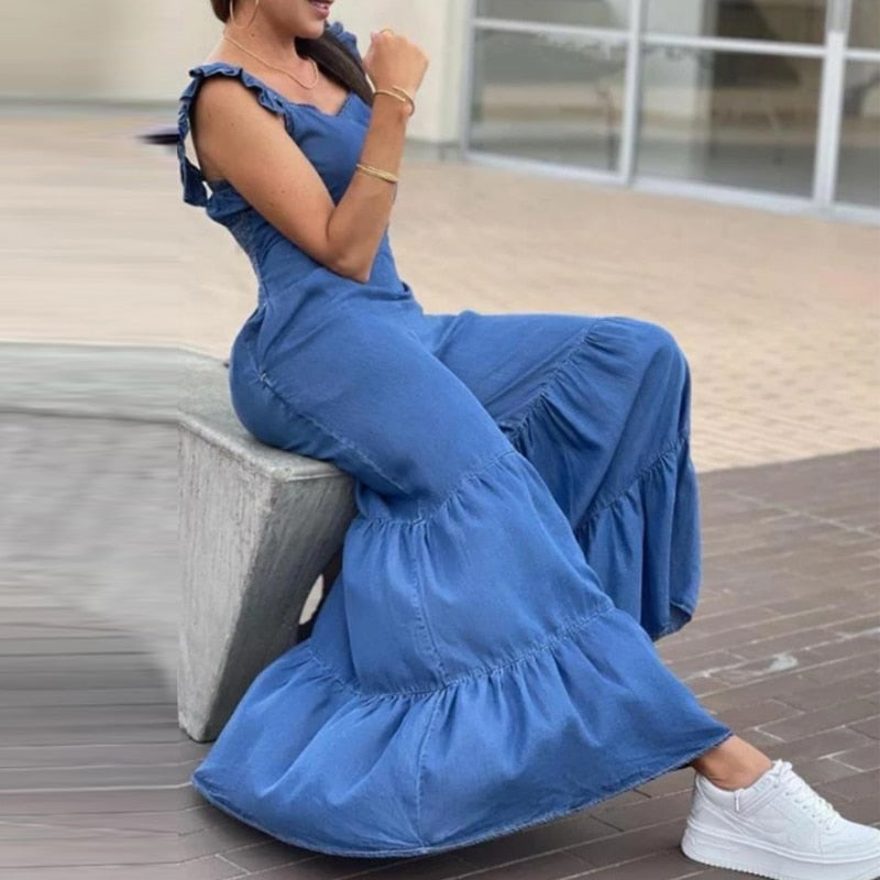 Lizakosht Summer Sling Romper Office Fashion Flying Sleeve Solid Long Jumpsuit Chic Women One Shoulder Flare Wide Leg Pants Overall