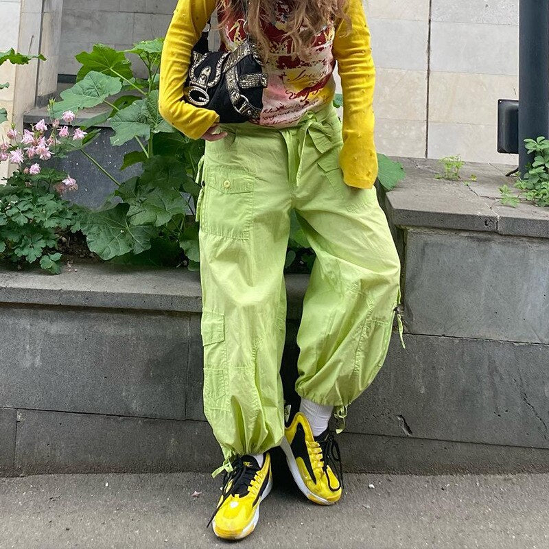 Green Cargo Pants Harajuku Low Waist Baggy Trousers Women Casual Joggers Sweatpants Big Pockets Streetwear Y2K Clothes 2022 New