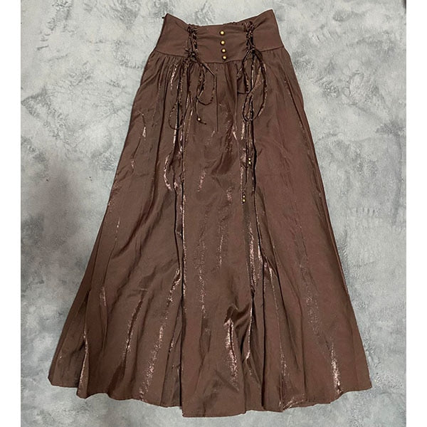 Retro Women Long Skirt Lace-up High Waist Spring Autumn Royal Vintage A-line Skirt For Women French Court Style Brown shine