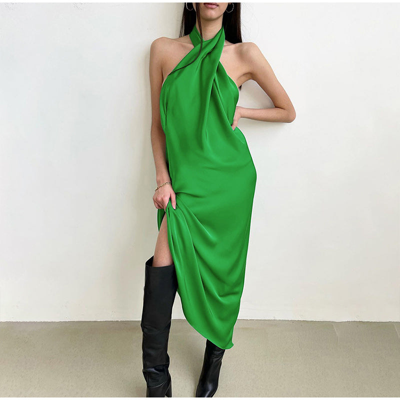 Satin Sexy Halter Backless Long Women Dress Green High Waist Ladies Dresses 2022 Summer Elegant Loose Midi Female Vestidos