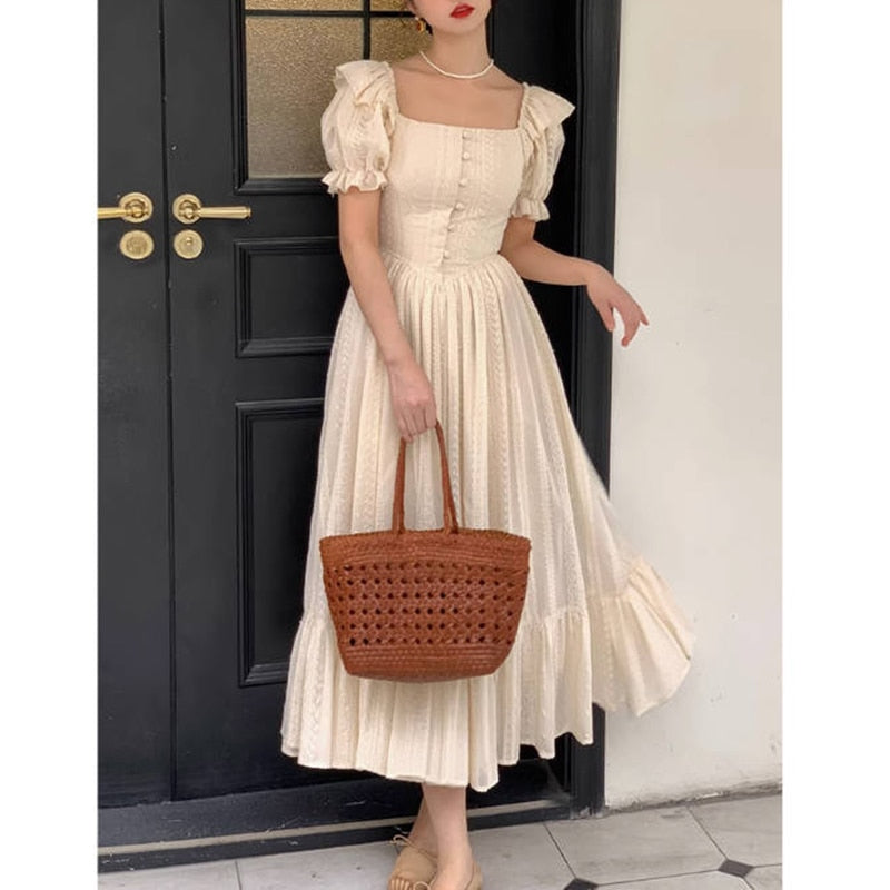 Lizakosht Elegant Square Collar White Dress Summer Fashion Puff Sleeve Ruffle Dress for Women Chic Vintage Maxi Dresses New