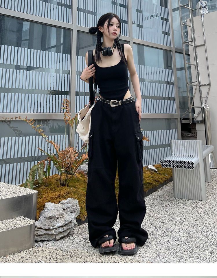 Solid color cargo pants women 2022 new American retro heavy industry multi-pocket loose wide-leg casual mopping y2k pants womens