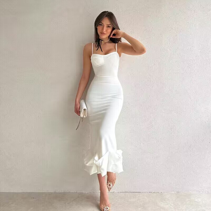 Lizakosht Sexy Sleeveless Backless Midi Dress Women Summer Fashion Bodycon Elegant Ruffles Eged Birthday Party Club Pencil Dess