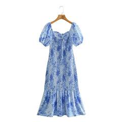 Lizakosht Printed Dots Smocking Bodycon Midi Summer Beach Dress for Women 2023 Puff Sleeve Blue Elegant Long Beach Party Vestidos