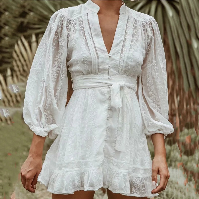 Lizakosht New Women Cotton Lantern Sleeve Summer Autumn Beach Dress Hollow Out Button Sash Dress Foridol White Embriodery Dress