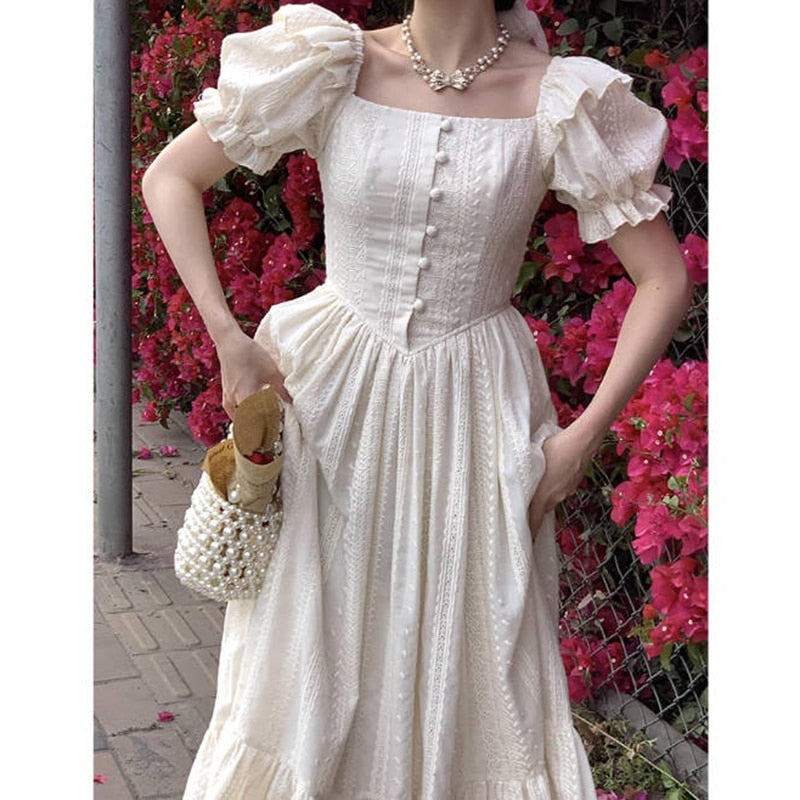 Lizakosht Elegant Square Collar White Dress Summer Fashion Puff Sleeve Ruffle Dress for Women Chic Vintage Maxi Dresses New