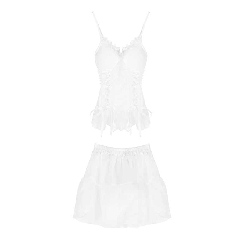 Dress Sets Sexy Two Piece Set Women Lace White Slim Bandage Camis Crop Top Summer Party Cute Mesh Fluffy Tutu Skirt