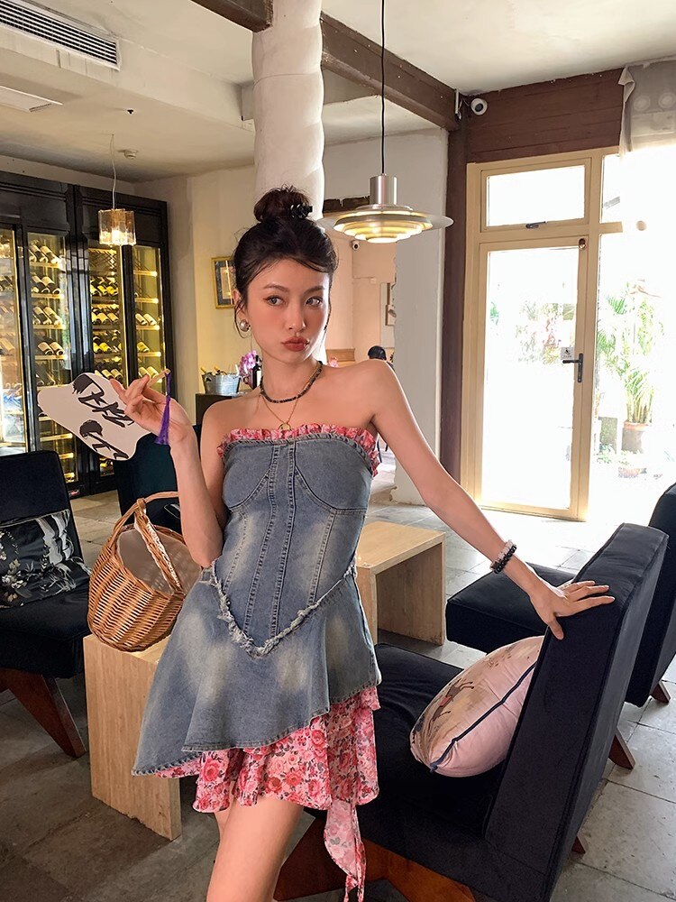 Lizakosht Fashion Women Vintage Blue Denim Dress Sexy Sleeveless Ladies Mini Dress Summer Vestido