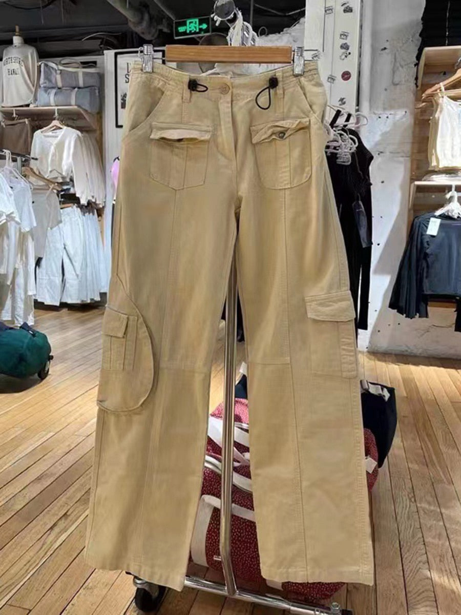 Lizakosht Vintage Casual Green Cargo Pants Women Spring Solid Adjustable Elastic High Waist Straight Pants Retro Streetwear Y2k Trousers