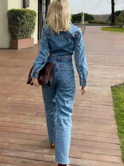 Lizakosht Women 2023 New Chic Fashion Straight Denim jumpsuit Vintage Long Sleeve Female long Jumpsuits Mujer