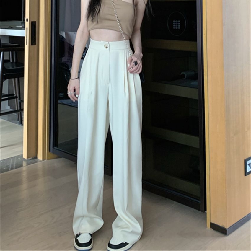 HziriP White Vintage Full Length Pants 2022 Women Solid Chic Summer Casual Office Lady Streetwear Loose High Waist Trousers