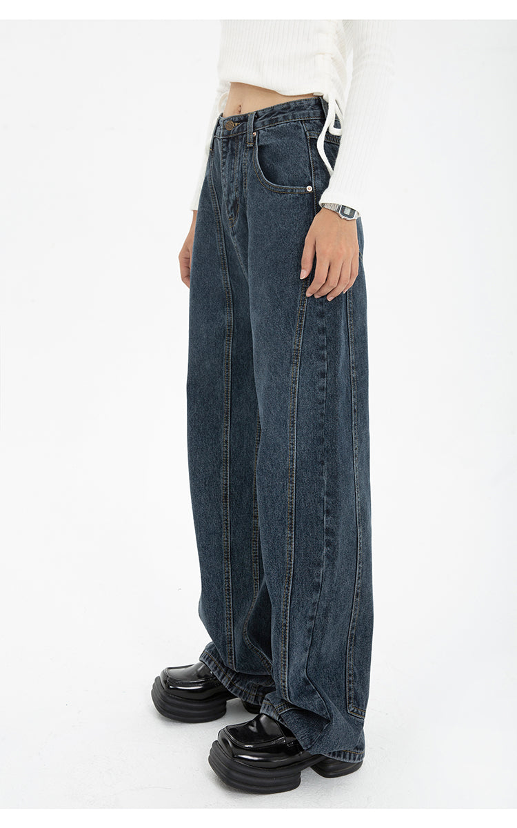 Dark Blue Womens Jeans High Waist Vintage Straight Baggy Denim Pants Streetwear American Style Fashion Wide Leg Denim Trouser