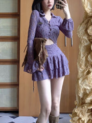 Lizakosht Purple France Vintage Two Piece Set Women Summer Lace Sexy Mini Skirt Suit Female Korean Fashion Hight Waist Skirt Suit New