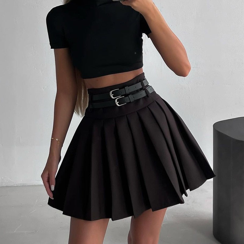 Lizakosht Summer Solid Belt Mini Skirt Black Women High Waist Slim Pleated Mini Skirts For Woman Versatile Casual Faldas De Mujer