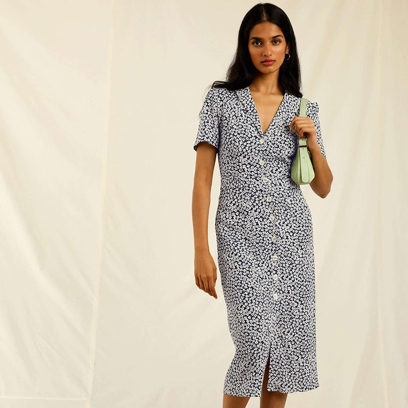 Polka Dot Print Midi Dress Woman Elegant Embroidery Short Sleeve V-neck Vestidos 2022 Summer Femme Vintage Casual Long Robes