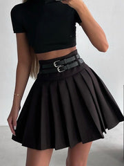 Lizakosht Summer Solid Belt Mini Skirt Black Women High Waist Slim Pleated Mini Skirts For Woman Versatile Casual Faldas De Mujer