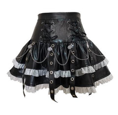 Lizakosht Spring Autumn Hot Girl Y2K Punk Harajuku Leather Skirt Lace A-line Skirt Hot Girl High Waist Gothic Punk Black Mini Skirt