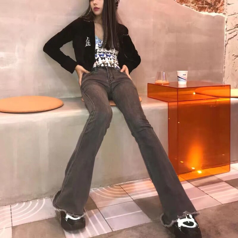 Feiernan Y2k Grey High Waist Jeans for Women Harajuku Flare Pants Classic Denim Full Length Trousers Punk Vintage Bell Bottoms