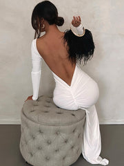 Lizakosht Women Backless Sexy Long Dress White Long Sleeve Ruched Bodycon Autumn Dresses Elegant Ladies Party Wedding Dresses