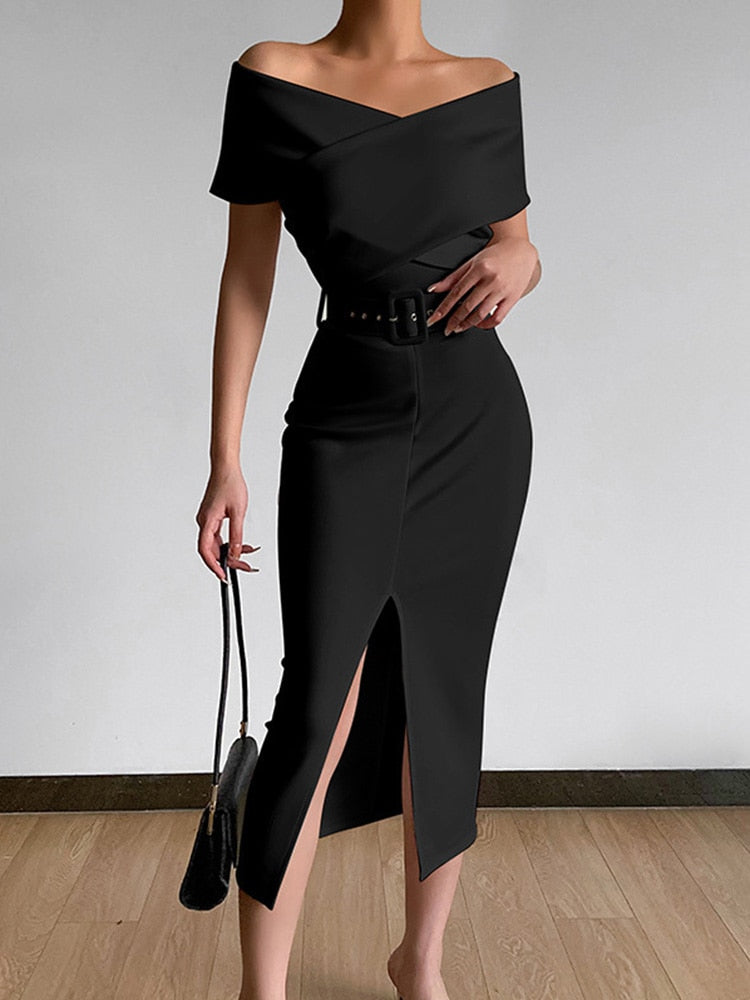 Lizakosht Spring Women Off Shoulder Slim Evening Dress Solid Sexy Sleeveless Bodycon Bag Hip Dress Elegant Waist Summer Split Lady Dresses