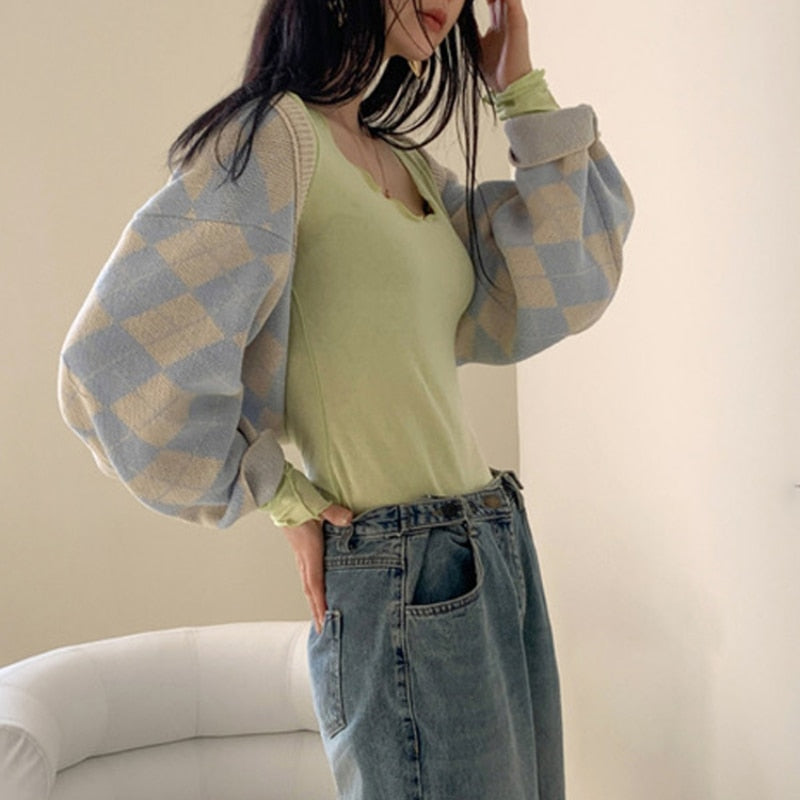 Lizakosht Lattice Sweater Coat Women's Autumn Winter New Korean Style Retro Loose-fitting Short Knitted Cardigan Streetwear