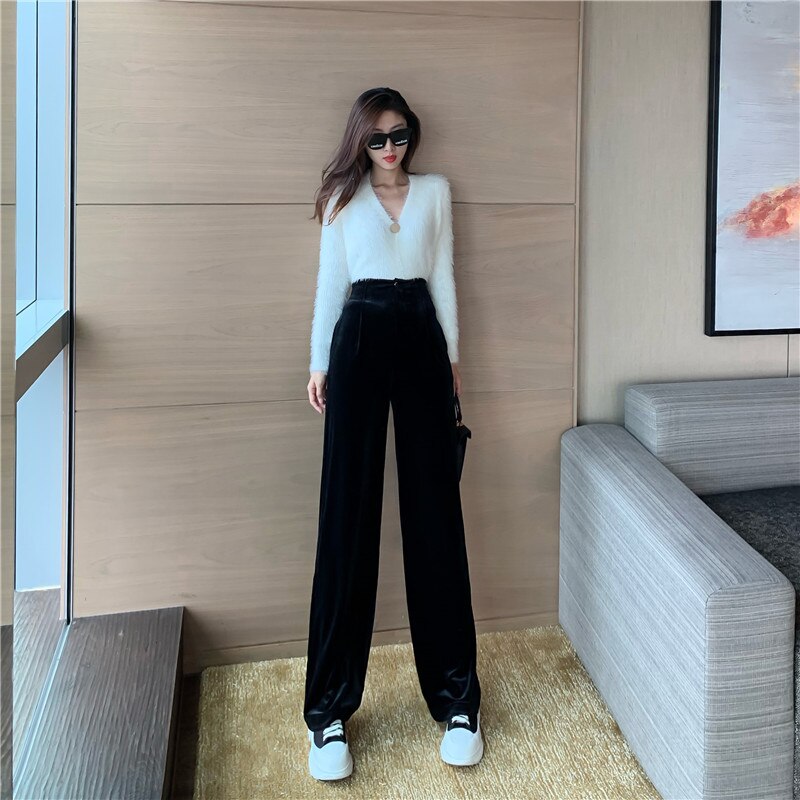 Lizakosht Winter Velvet Elegant Y2k Pants Women Solid Casual Korean Style Wide-legged Pants Loose Casual Designer High-waist Trousers