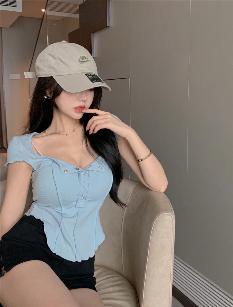 Irregular Waist Y2k T-shirt Short Slim Bottoming Summer T-shirt Square Neck Short Sleeve Crop Tops