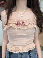 Summer Lolita Kawaii Tank Tops Women Korean Style Bowknot Patchwork Ruffle Flounce Top Female Elastic Skinny Sweet Top 2022 New