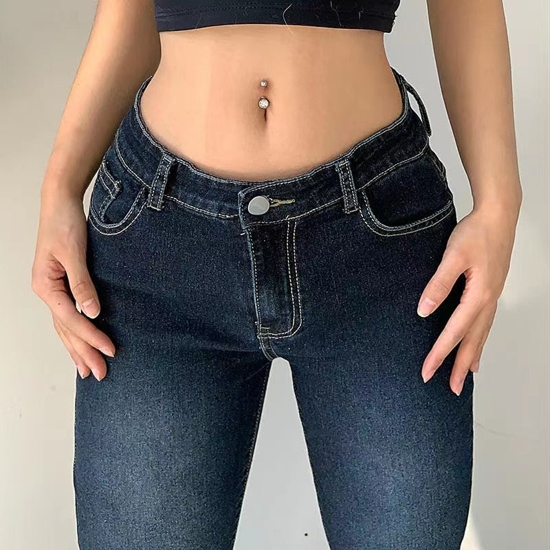 Lizakosht Ladies Low Waist Flared Trousers Women Stylish Gradient Blue Flare Jeans Fashion Ladies Denim Pants Rise Skinny Wide Leg Pants