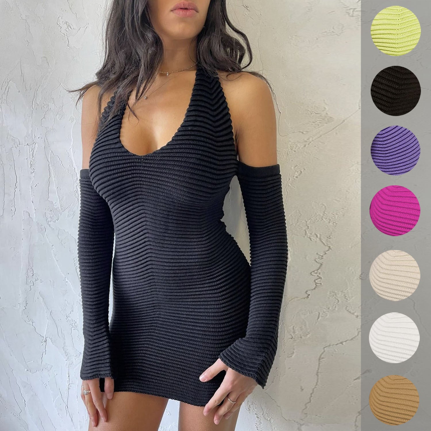 Lizakosht Elegant Knitted Halter V-Neck Sexy Mini Dress for Women Clothes Summer Backless Party Club Dresses Bodycon Vestido