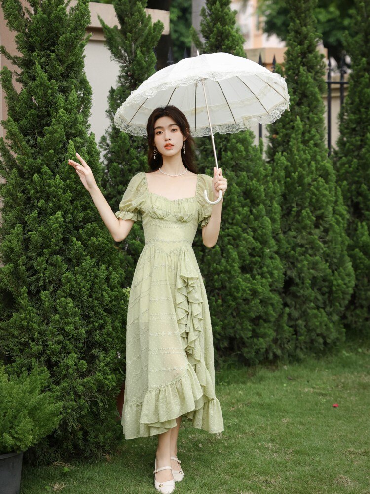 Lizakosht Summer Sexy Lady Green Dress Retro French Style Ruffles Asymmetrical Puff Sleeve Princess Dresses For Party Night Vestido Festa