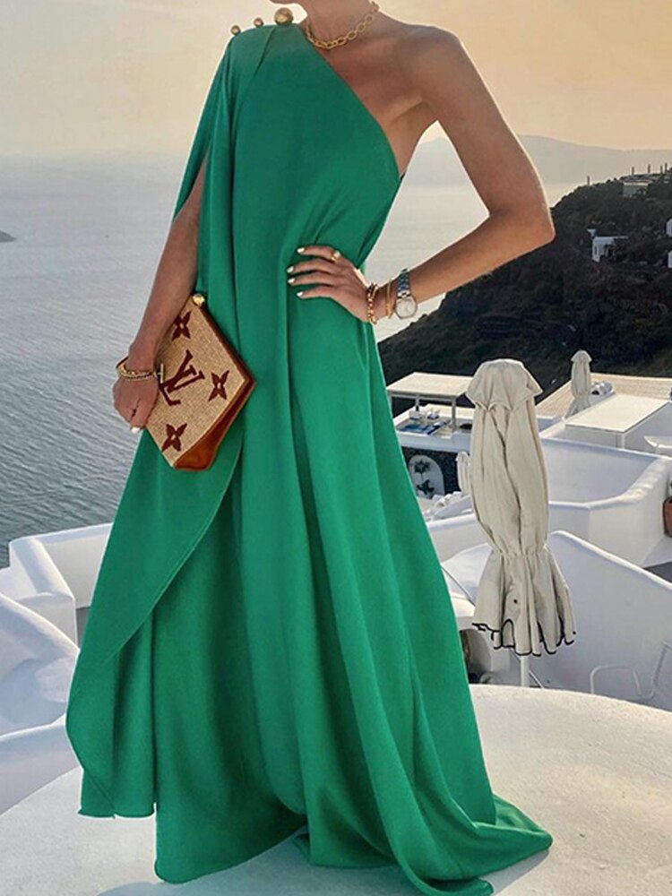 Summer Fashion Skew Collar Backless Beach Dresses Elegant Solid One Shoulder Big Hem Dress Women Irregular Loose Slit Maxi Dress