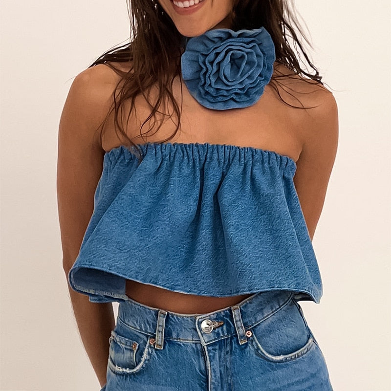 Lizakosht Blue Crop Top Female Denim Corset Women Y2K Off Shoulder Sexy Tube Top Flower Cute Party Wear Beach Holiday Mini Vest Summer Tee