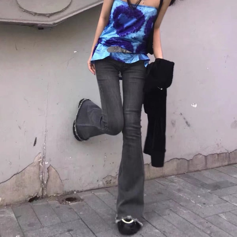 Feiernan Y2k Grey High Waist Jeans for Women Harajuku Flare Pants Classic Denim Full Length Trousers Punk Vintage Bell Bottoms