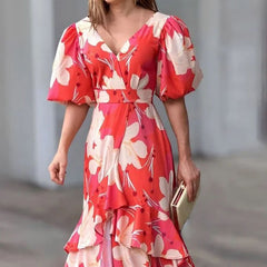 Lizakosht Summer V-neck Slim Long Dress Chic Big Flora Print Bohe Loose Ruffles Dresses Elegant Ladies Short Sleeve Layered Party Dress