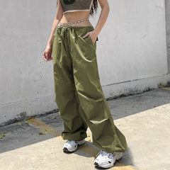 Lizakosht Y2k Baggy Cargo Pants Women Parachute Drawstring Low Waist Hip Hop Sweatpant Summer Wid Leg Green Trousers Streetwear