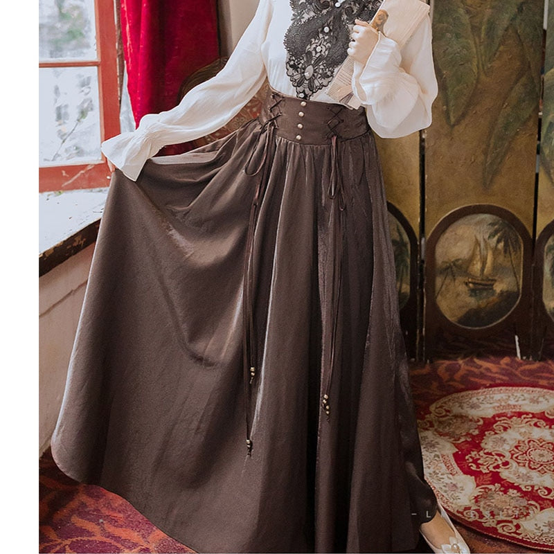 Retro Women Long Skirt Lace-up High Waist Spring Autumn Royal Vintage A-line Skirt For Women French Court Style Brown shine