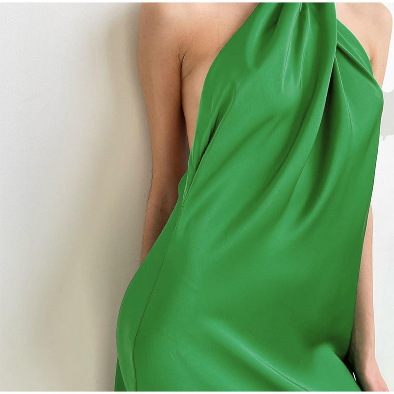 Satin Sexy Halter Backless Long Women Dress Green High Waist Ladies Dresses 2022 Summer Elegant Loose Midi Female Vestidos