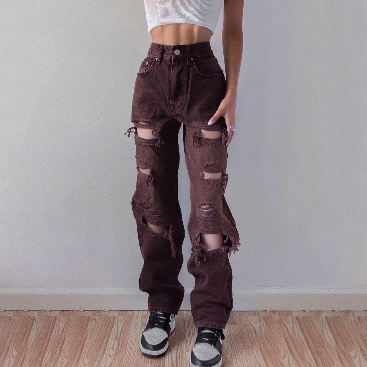 Chunky Dunky High Waist Ripped Jeans Raw Edge Loose Straight Pants Washed Black Denim Trousers Street Style Women's