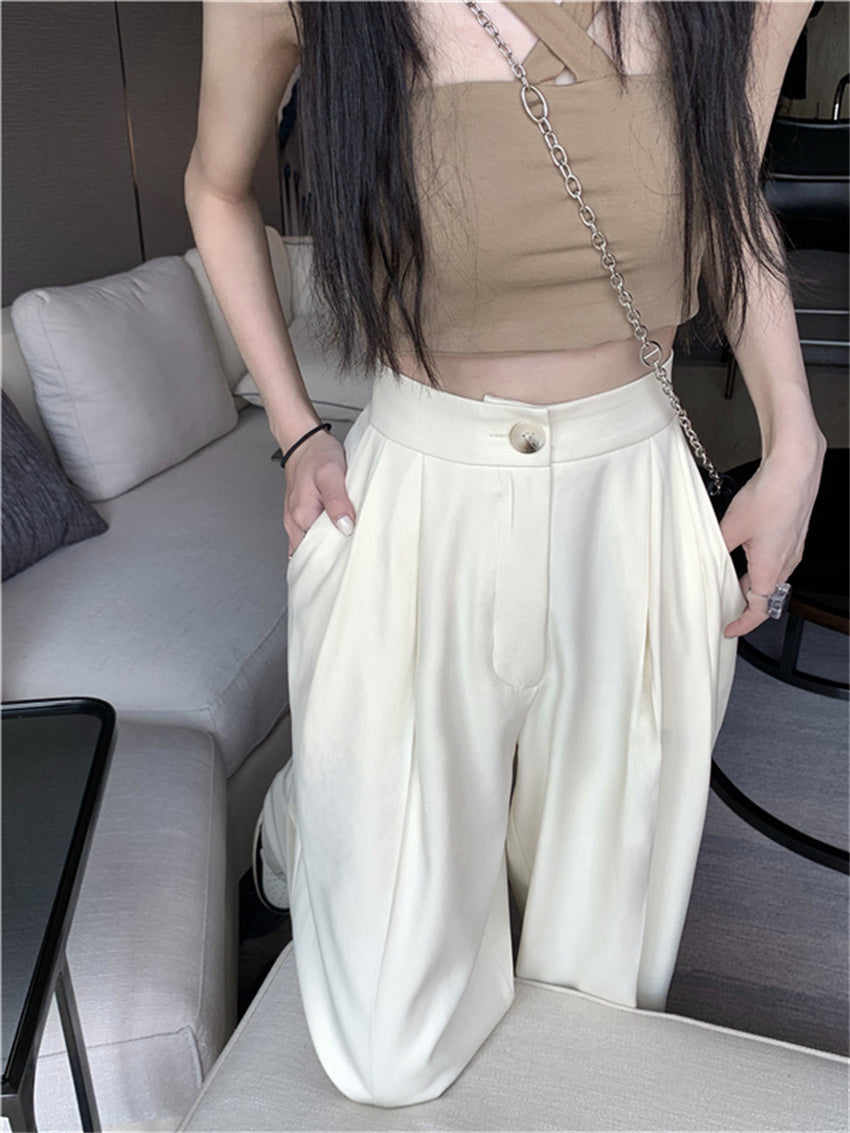 HziriP White Vintage Full Length Pants 2022 Women Solid Chic Summer Casual Office Lady Streetwear Loose High Waist Trousers