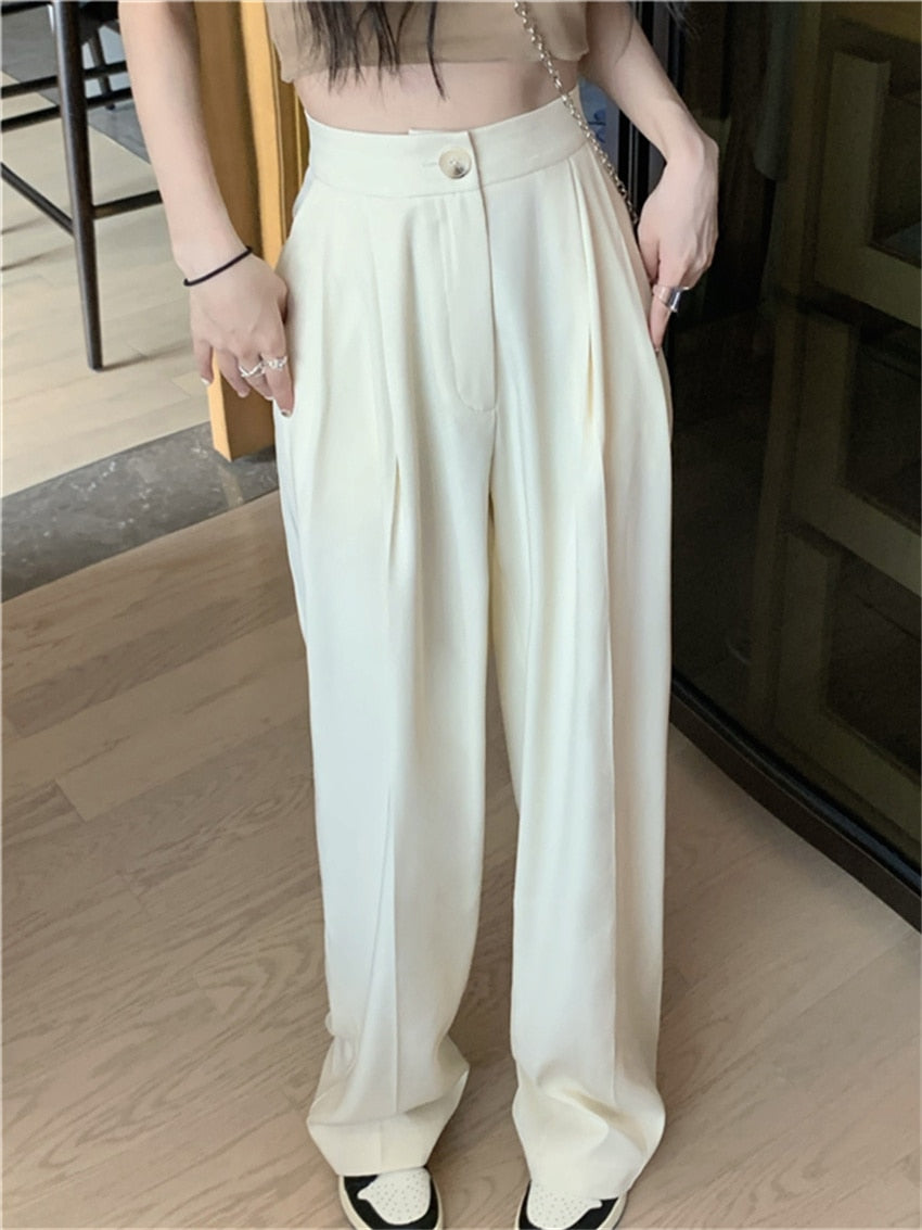 HziriP White Vintage Full Length Pants 2022 Women Solid Chic Summer Casual Office Lady Streetwear Loose High Waist Trousers