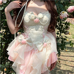 Lizakosht Victorian Vintage Elegant Lolita Jsk Dress Women Japanese Kawai Pink Bow Bandage Flower Dresses Female Evening Party Fairy Dress