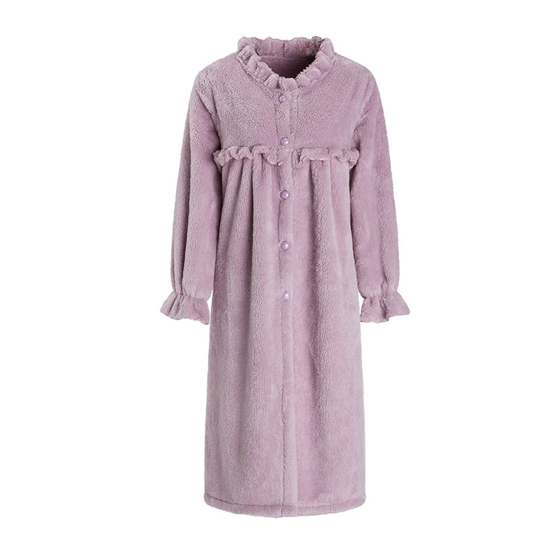 Lizakosht Lace Up Bathrobe Women's Thick Warm Winter Velvet Doll Collar Lace Splice Pleated Outwardly Wearable Nightdress Female Home Suit